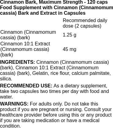 Cinnamon Bark, Maximum Strength - 120 caps | Swanson nutritional information