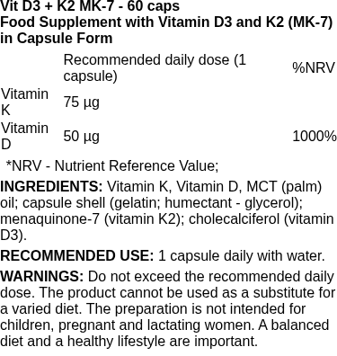 Vit D3 + K2 MK-7 - 60 caps | Trec Nutrition nutritional information