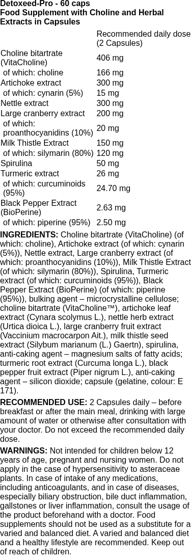 Detoxeed-Pro - 60 caps | Olimp Nutrition nutritional information