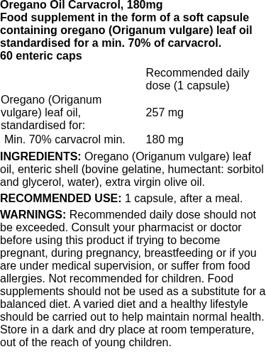Oregano Oil Carvacrol, 180mg - 60 enteric caps | Osavi nutritional information