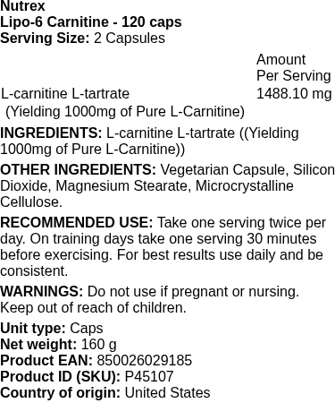 L-Carnitine - 120 caps | Nutrex nutritional information