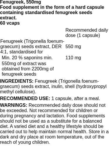Fenugreek, 550mg - 60 vcaps | Osavi nutritional information