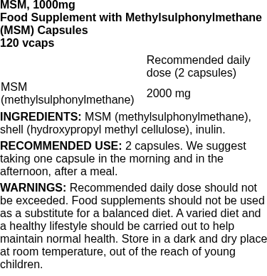 MSM, 1000mg - 120 vcaps | Osavi nutritional information