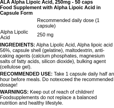 ALA Alpha Lipoic Acid, 250mg - 50 caps | BioTechUSA nutritional information