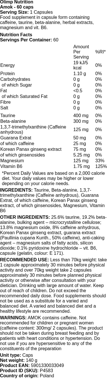 Amok - 60 caps | Olimp Nutrition nutritional information