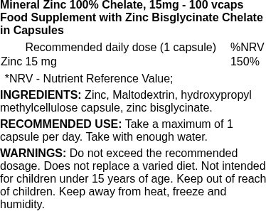 Mineral Zinc 100% Chelate, 15mg - 100 vcaps | Nutrend nutritional information