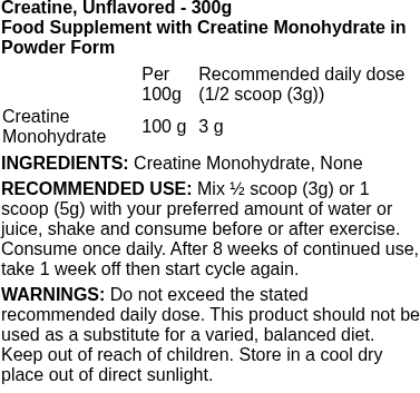 Creatine, Unflavored - 300 grams | Naughty Boy nutritional information