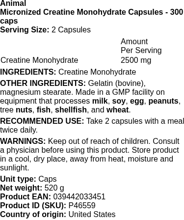 Ready-To-Go Creatine - 300 caps | Animal nutritional information