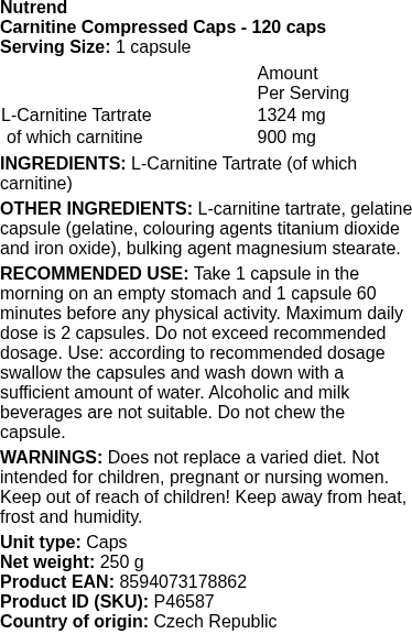 Carnitine Compressed Caps - 120 caps | Nutrend nutritional information