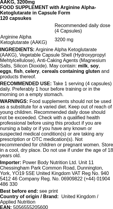 AAKG, 3200mg - 120 caps | Applied Nutrition nutritional information