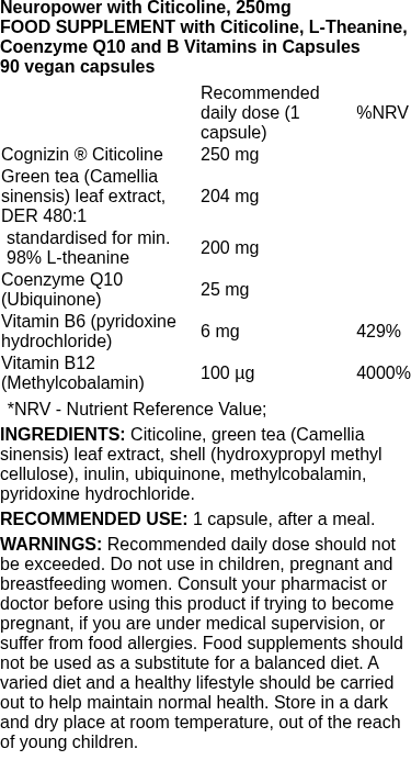 Neuropower with Citicoline, 250mg - 90 vegan caps | Osavi nutritional information