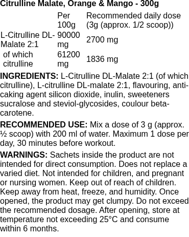 Citrulline Malate, Orange & Mango - 300 grams | Nutrend nutritional information