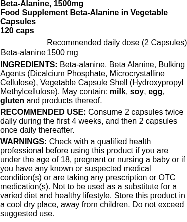 Beta-Alanine, 1500mg - 120 caps | Applied Nutrition nutritional information