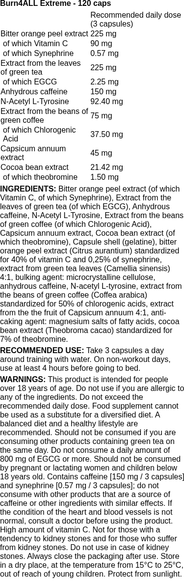 Burn4ALL Extreme - 120 caps | Allnutrition nutritional information