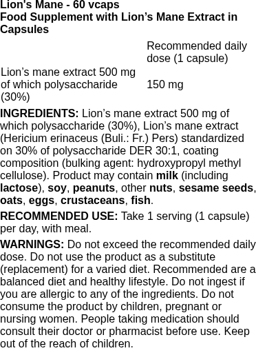 Lion's Mane - 60 vcaps | OstroVit nutritional information