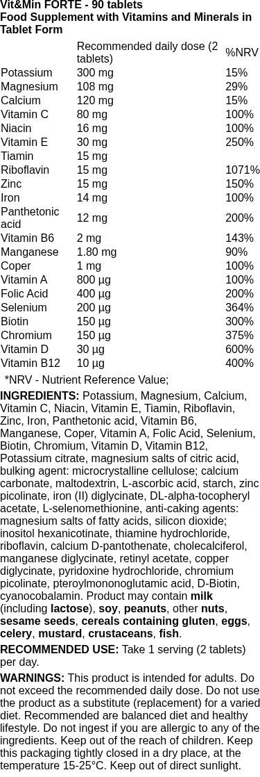Vit&Min FORTE - 90 tablets | OstroVit nutritional information