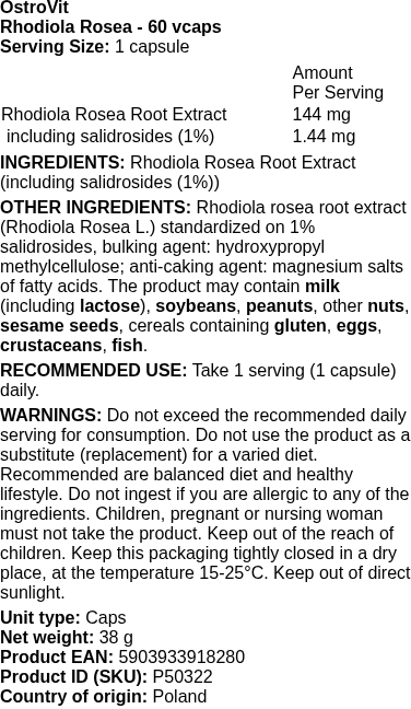 Rhodiola Rosea - 60 vcaps | OstroVit nutritional information