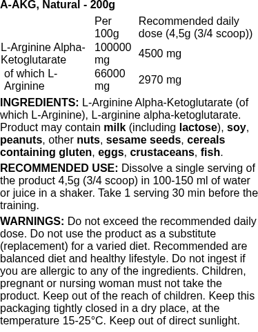 A-AKG, Natural - 200 grams | OstroVit nutritional information