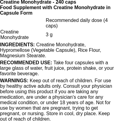 Creatine Monohydrate - 240 caps | Rule One nutritional information