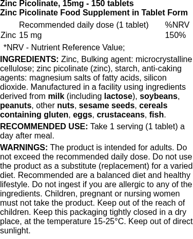 Zinc Picolinate, 15mg - 150 tablets | OstroVit nutritional information