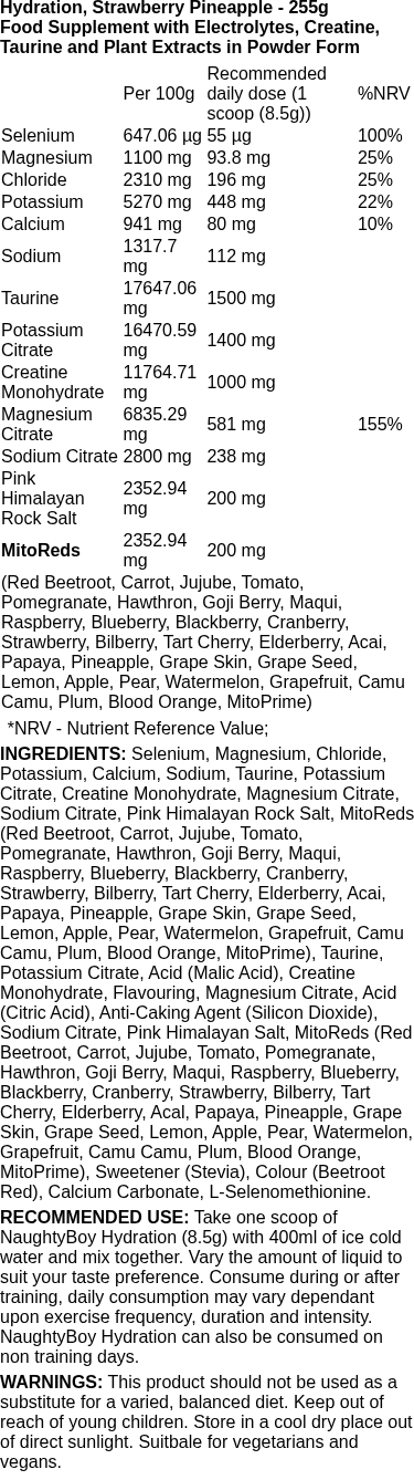 Hydration, Strawberry Pineapple - 255 grams | Naughty Boy nutritional information