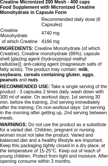 Creatine Micronized 200 Mesh - 400 caps | Trec Nutrition nutritional information