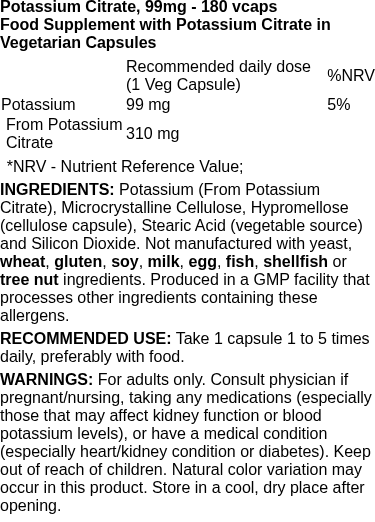 Potassium Citrate, 99mg - 180 vcaps | NOW Foods nutritional information